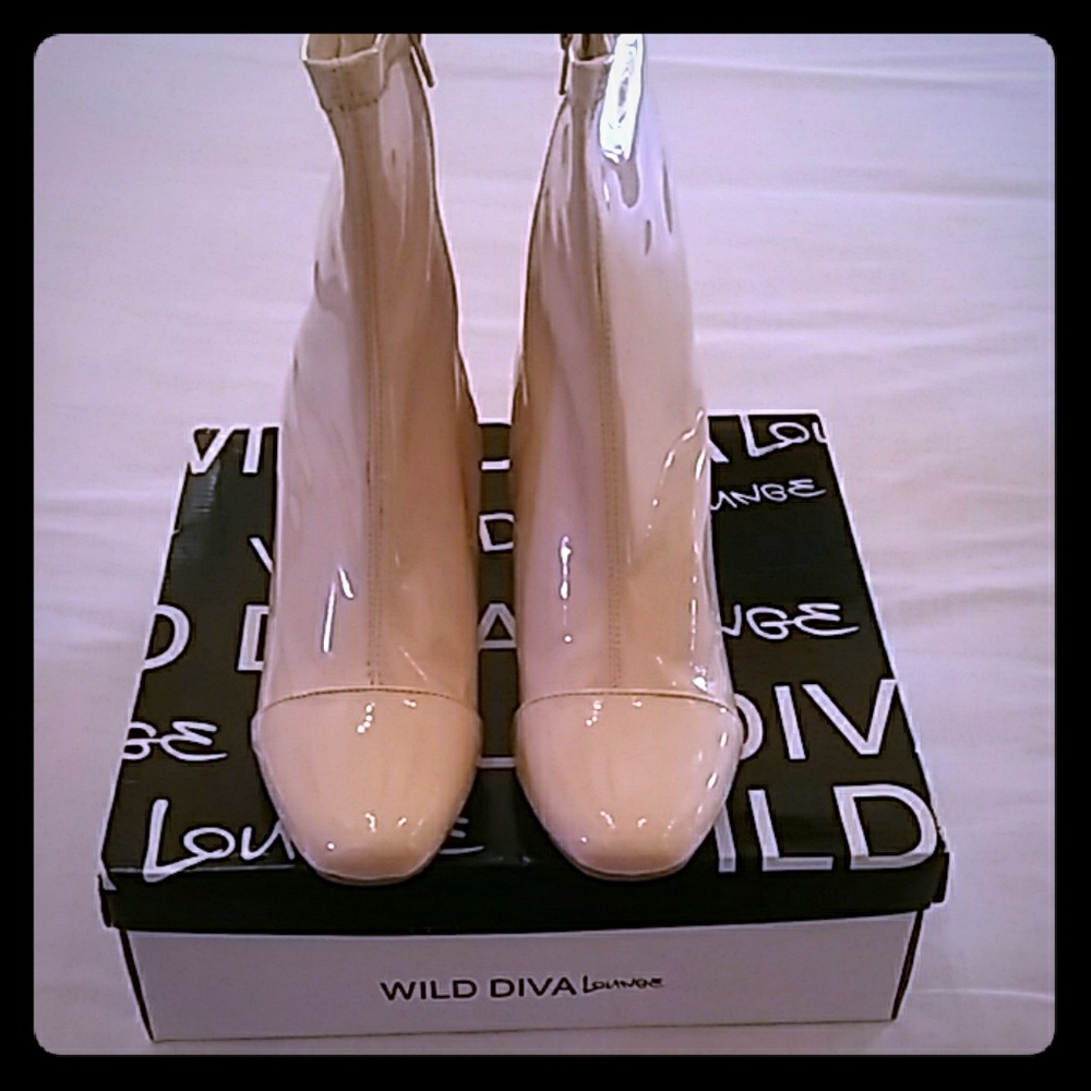 Nude pink, faux patent leather ankle boots